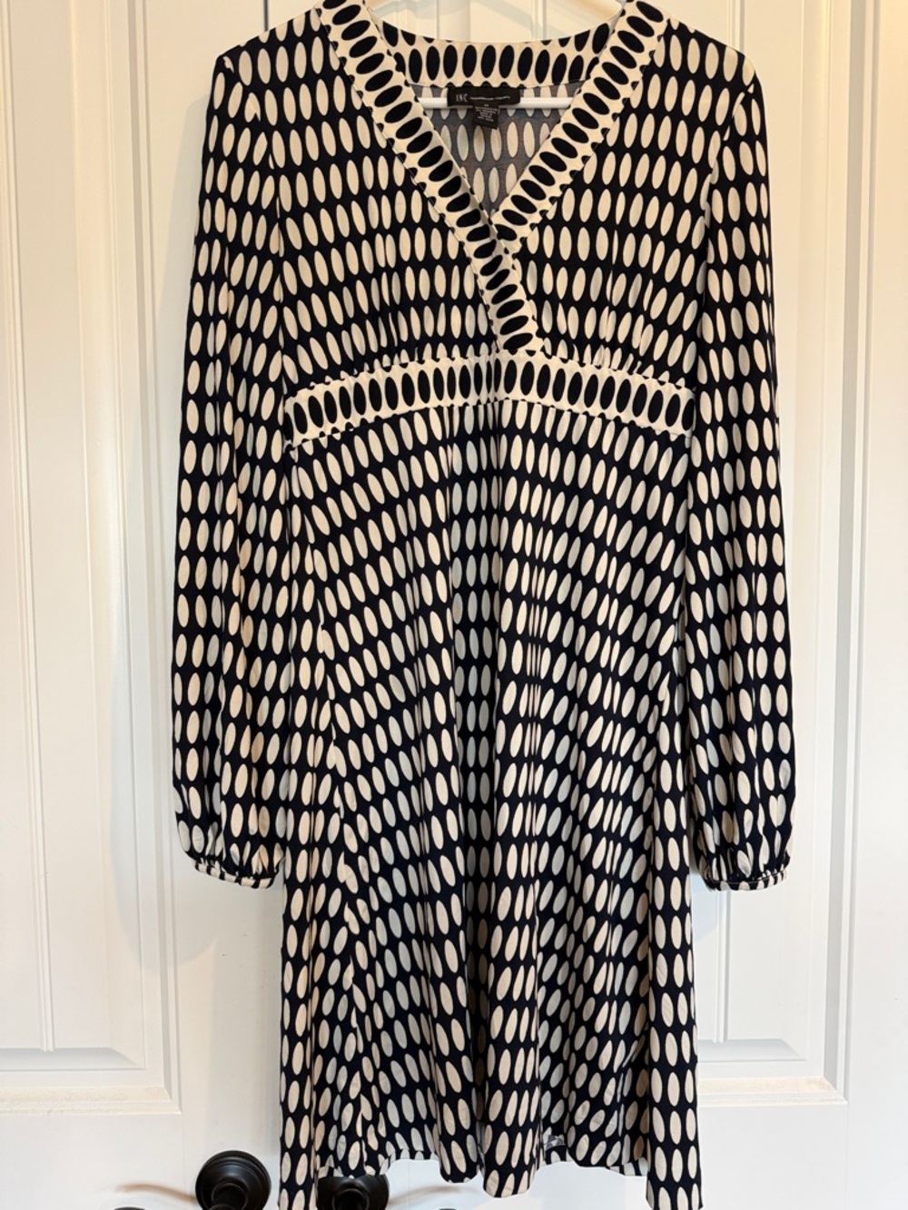 INC International Concepts Black and White Polka Dot V-Neck Long Sleeve Dress